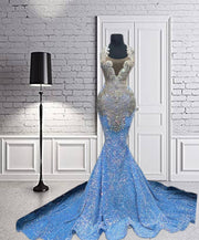 Luxurious Blue Sequin Silver Crystal Beading Prom Dresses Luxury Gowns Mermaid Dress For Party Wedding Evening O Neck Formal