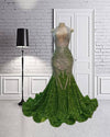 Green Sequin Silver Beaded Halter Prom Dress