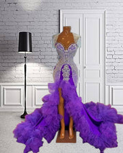 Purple Long Prom Dress For Black Girls 2023 Beaded Rhinestone Birthday Party Dresses Crystal Ruffles High Slit Evening Gown