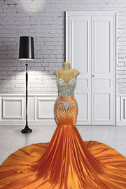 Orange O Neck Long Prom Dresses Beaded Evening Dress Mermaid Celebrity Gown Crystal Birthday Party Gowns