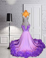 Purple Sweetheart Long Prom Dress Beaded Crystal Birthday Party Dresses Tassel Feather Evening Gown Robe De