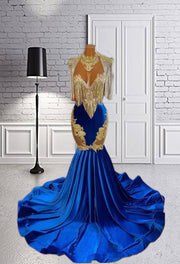 Royal Blue High Neck Long Prom Dress Beaded Crystal Rhinestone Birthday Party Dresses Tassel Evening Gown