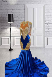 Royal Blue High Neck Long Prom Dress Beaded Crystal Rhinestone Birthday Party Dresses Tassel Evening Gown