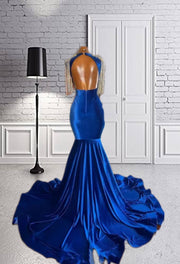 Royal Blue High Neck Long Prom Dress Beaded Crystal Rhinestone Birthday Party Dresses Tassel Evening Gown