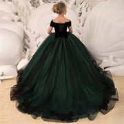 Black & Green Flower Girl Dress with Ruffles & Bow