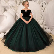 Black & Green Flower Girl Dress with Ruffles & Bow