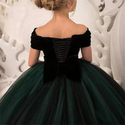 Black & Green Flower Girl Dress with Ruffles & Bow