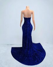 Blue 3D flower applique prom dress with high split – elegant long gown for women.