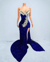 Blue 3D flower applique prom dress with high split – elegant long gown for women.