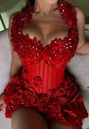 Red Blossom Beaded Charming Floral Birthday Dress