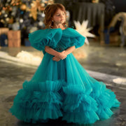 Cyan Tulle Puffy Flower Girl Dress with Bow