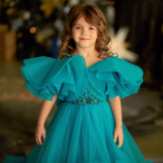 Cyan Tulle Puffy Flower Girl Dress with Bow