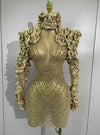 Nouvelle robe courte à manches longues à volants en strass dorés scintillants 2026, robe transparente, soirée d'anniversaire, soirée sexy, costume de scène de boîte de nuit
