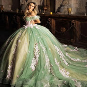 Green Sweetheart Off-The-Shoulder Quinceañera Ball Gown