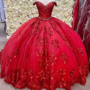 Gorgeous Red Off-Shoulder Quinceañera Dress with Floral Appliques