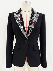 Rhinestone Collar High-End Long Sleeve Loose Slim Women’s Blazer Luxury Formal Jacket