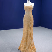 Pearl-Embellished Mermaid Strapless Evening Dress