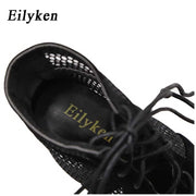 Eilyken 2022 Fashion Black Summer Sandals Lace Up Cross-tied Peep Toe High Heel Ankle Strap Net Surface Hollow Out Sandals