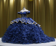 Navy Blue Embroidery Quinceañera Dress: Off-Shoulder Charro