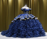 Navy Blue Embroidery Quinceañera Dress: Off-Shoulder Charro