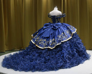 Navy Blue Embroidery Quinceañera Dress: Off-Shoulder Charro