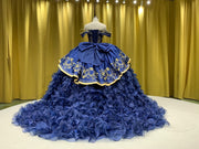 Navy Blue Embroidery Quinceañera Dress: Off-Shoulder Charro