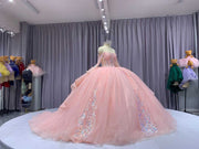 Pink quinceañera dress with corset bodice, illusion sleeves, and princess silhouette skirt.