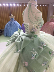 Sage green quinceañera dress with 3D handmade flower appliques for milestone celebration styling