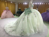 Sage green quinceañera dress with 3D handmade flower appliques for milestone celebration styling
