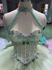 Sage green quinceañera dress with 3D handmade flower appliques for milestone celebration styling