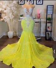 Yellow Sequins Sparkly Mermaid Prom Dresses