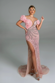 Off shoulder 3D floral prom dress with side slit and floor length silhouette.