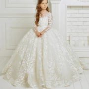 Luxurious Ivory Flower Girl Dress: Lace Floral Appliques, Long Sleeve