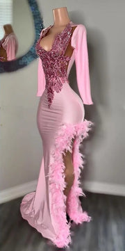 2Pink Elegance: Long Sleeve Crystal Beaded Gown