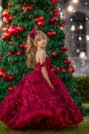 Luxury Burgundy 3D Flower Girl Dress with Pearls