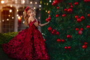 Luxury Burgundy 3D Flower Girl Dress with Pearls