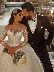 Modest O-neck Sparkly Sequin Lace Ball Gown Wedding Dress