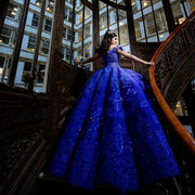 Modest Royal Blue Quinceañera Dress: Crystal Beaded Lace Applique