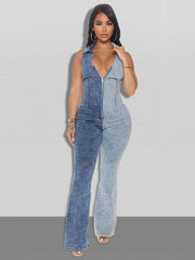 Plus Size Contrast Color Zipper Up Sleeveless Jumpsuit