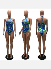 Sleeveless Printing Halter Backless One Piece Swimsuit