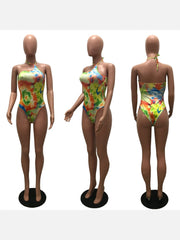 Sleeveless Printing Halter Backless One Piece Swimsuit