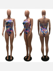 Sleeveless Printing Halter Backless One Piece Swimsuit