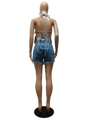 Summer Denim Rhinestone Butterfly Tank 2pc Shorts Sets