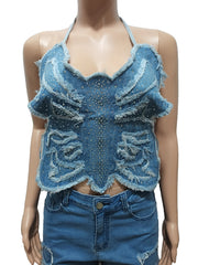 Summer Denim Rhinestone Butterfly Tank 2pc Shorts Sets