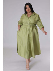 Plus Size Solid Long Sleeve Shirt Dress