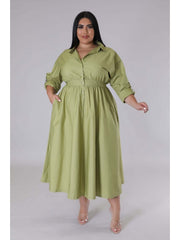 Plus Size Solid Long Sleeve Shirt Dress