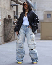 Retro Fashion Ripped Multi-pocket Jeans