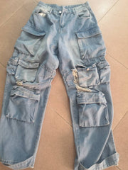 Retro Fashion Ripped Multi-pocket Jeans