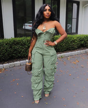 Solid Color Sleeveless Cargo Jumpsuit