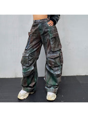 Graffiti Colorblock Denim Cargo Jeans